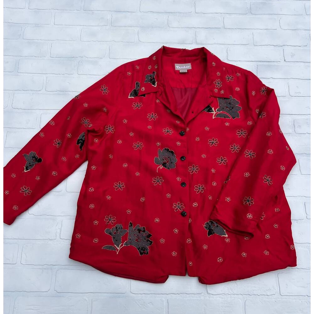 TanJay Women's  Red and Black Sequin Silk Button Lightweight Holiday Jacket-sz L